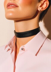 Elegant Black Leather Choker and Pink Shirt Fashion
