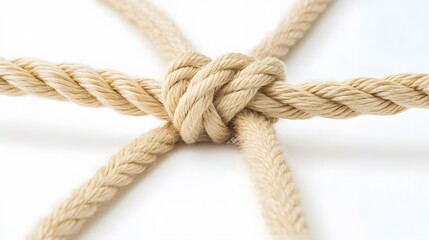 Complex web of interconnected ropes symbolizing intricate business relationships and antitrust challenges, with a focused foreground rope representing the effort to break monopolies