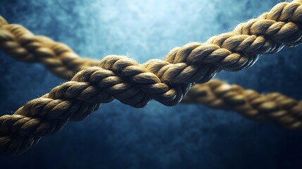 Complex web of interconnected ropes symbolizing intricate business relationships and antitrust challenges, with a focused foreground rope representing the effort to break monopolies