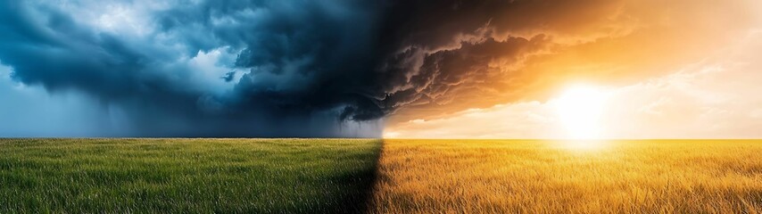 Concept good and bad determination The duality of nature a striking contrast between stormy weather and sunlit landscapes captured in one mesmerizing image