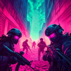 Cyber-enhanced rebels, hiding in ruined skyscrapers, neon-lit underground bunkers