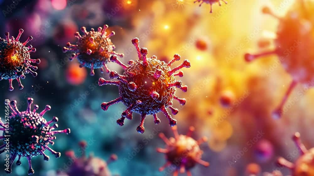Poster a close-up image of a virus, showing its spiky structure