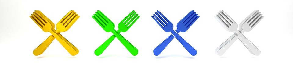 Colorful Crossed fork icon isolated on white background. Cutlery symbol. Minimalism concept. 3D render illustration