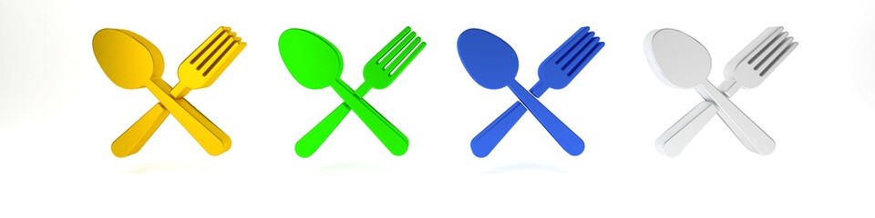 Colorful Crossed fork and spoon icon isolated on white background. Cooking utensil. Cutlery sign. Minimalism concept. 3D render illustration