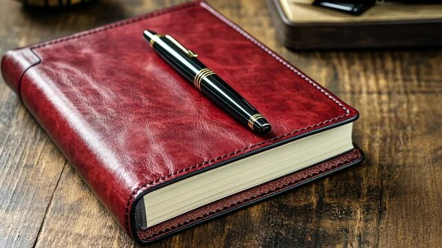 A red leather journal with a gold-trimmed pen rests on a wooden table