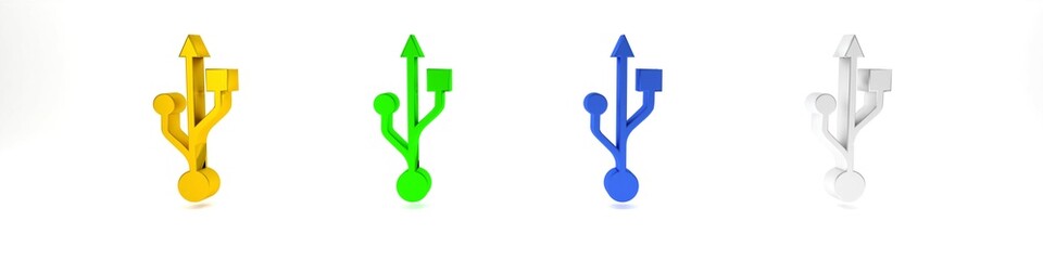 Colorful USB symbol icon isolated on white background. Minimalism concept. 3D render illustration