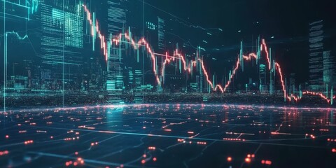 Digital stock market chart over city skyline.