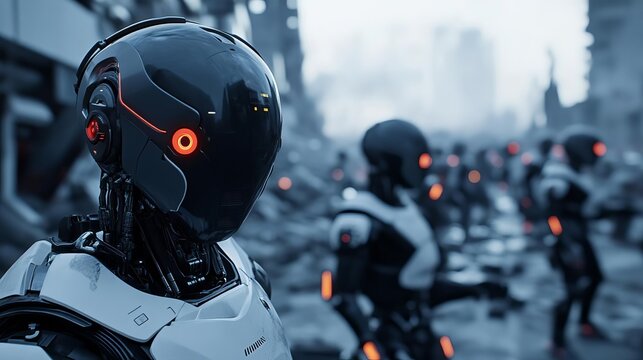 Cybernetic outcasts, hiding in ruined city, fighting against robotic enforcers
