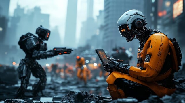 Cybernetic outcasts, hiding in ruined city, fighting against robotic enforcers
