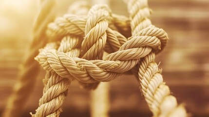 Complex web of interconnected ropes symbolizing intricate business relationships and antitrust challenges, with a focused foreground rope representing the effort to break monopolies