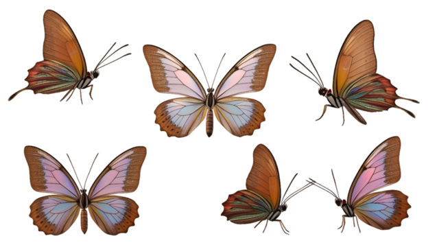 Butterflies with many angles, and a view of the frontal side head shot isolated on a transparent background cut out PNG