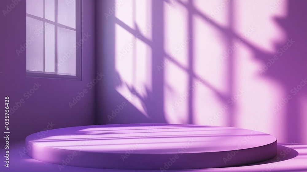 Poster ethereal purple room with sunlight casting geometric shadows on walls and circular platform, creatin