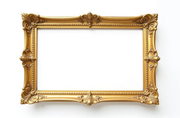 Old antique gold vintage decorative frame horizontal format on white background. Stylish classic gold painting, carved design patterns