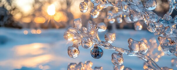 A tree made of ice with ornaments frozen inside, unique winter sculpture holiday theme.