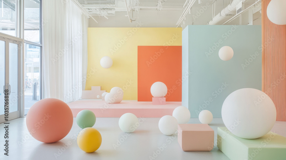 Leinwandbilder bright and colorful geometric art installation featuring various spheres and shapes in modern space.