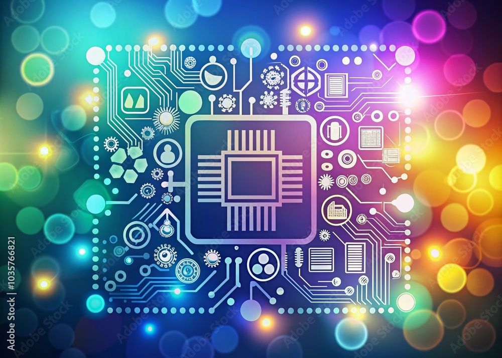 Aufkleber microcontroller doodle icons with bokeh effect - electronic component vector illustration
