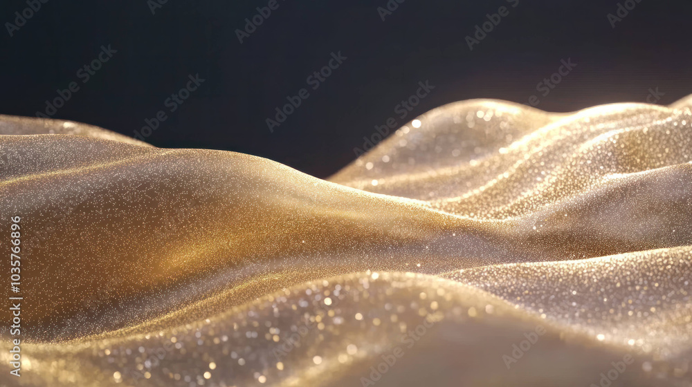 Poster Shimmering golden waves create mesmerizing visual effect, with sparkling particles enhancing beauty of flowing surface. scene evokes sense of elegance and tranquility