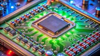 Obraz premium Microprocessor on Motherboard with Red Neon Light - High-Tech Product Photography