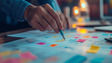 Fototapeta premium Close-up of a hand writing on a calendar with colorful sticky notes, planning and organizing tasks in a dimly lit office environment with warm ambient lighting.