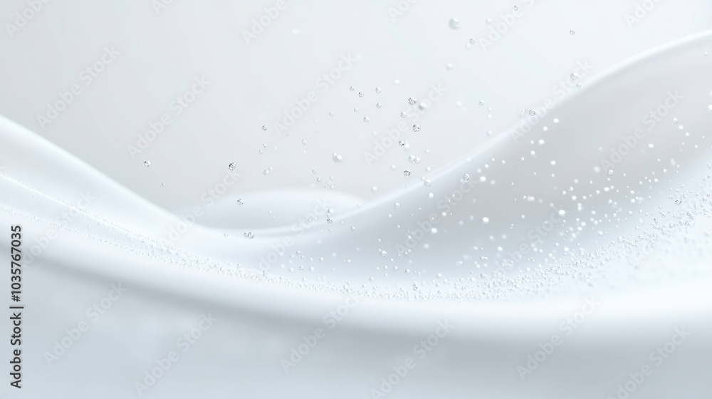 Poster Smooth white waves with sparkling water droplets create serene and calming atmosphere, perfect for backgrounds or abstract designs