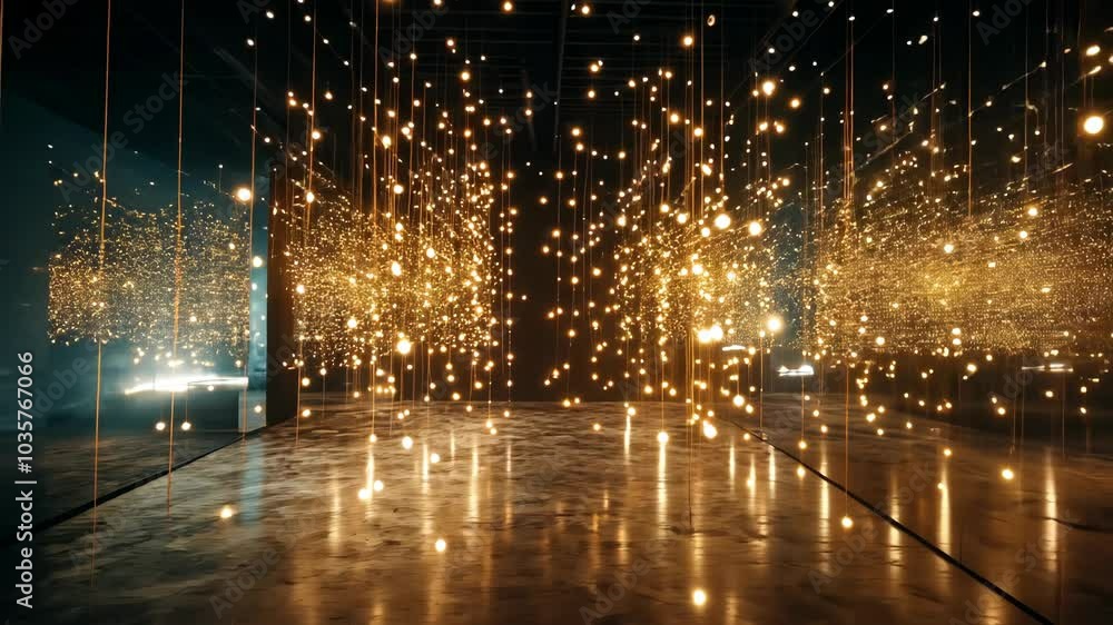 Poster a room filled with hanging lights creates a dazzling display of light and reflections