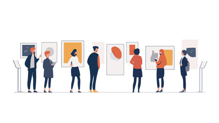 Flat illustration of people in an art gallery, interacting with various works of modern and traditional contemporary art Vector illustration.
