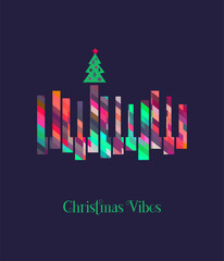 Christmas Vibes Holiday Music colorful vector icon. Winter Season Holidays Live Music event. Piano, x-mas tree cartoon illustration. Christmas Tunes, Festive Night celebration, performance background