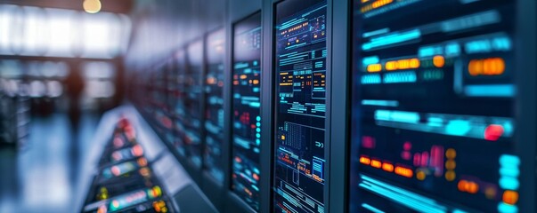 A high-tech data center featuring illuminated server racks displaying vibrant digital analytics and performance metrics.