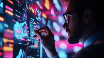 Silhouette of a data analyst interacting with vibrant digital displays, analyzing complex information on colorful screens in a dark environment.