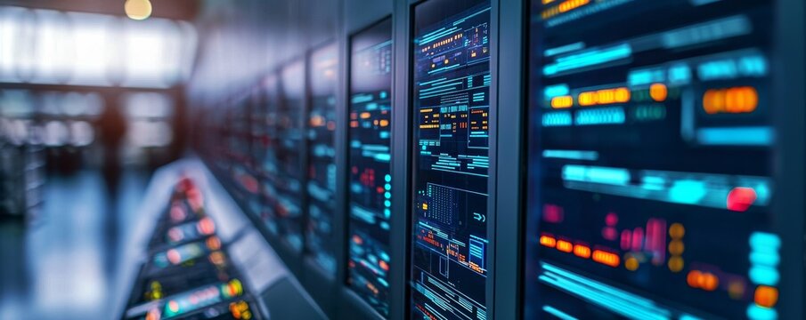 A high-tech data center featuring illuminated server racks displaying vibrant digital analytics and performance metrics.