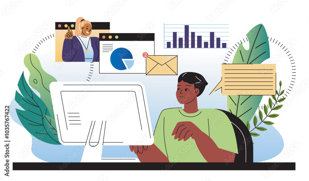 Aufkleber man with business management. young guy communicates with girl behind computer screen. employees dis