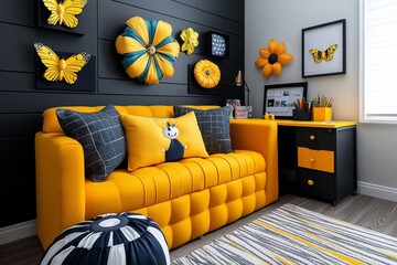 3D-rendered home office setup, with vibrant colors and playful accessories