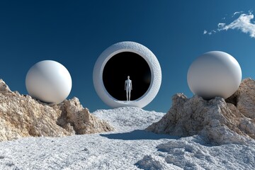 3D-rendered lone figure standing on a surreal landscape, with abstract shapes in the background