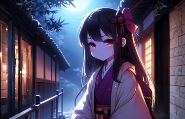 Cute anime girl in a kimono, against the background of the night