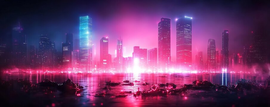 Dark dystopian skyline, neon lights flickering, advanced tech debris scattered