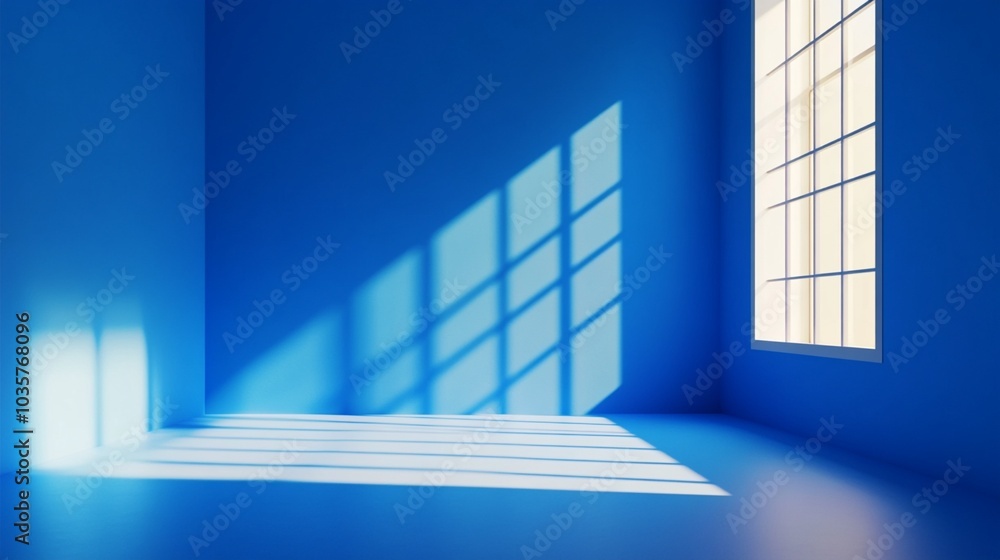 Poster sunlight streaming through windows casts geometric shadows on vibrant blue walls, creating a serene 