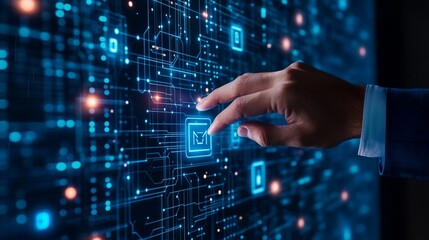 Hand touching digital interface with glowing email icon, surrounded by network of data points and binary code, symbolizing modern communication technology.