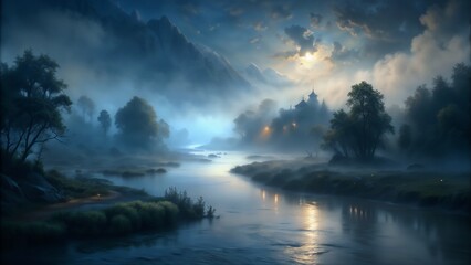 Mystical landscape with river and mountains under moonlight in a foggy setting