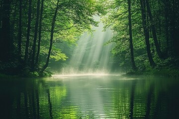 Obraz premium Sunbeams Shining Through Dense Forest Canopy, Illuminating Still Water