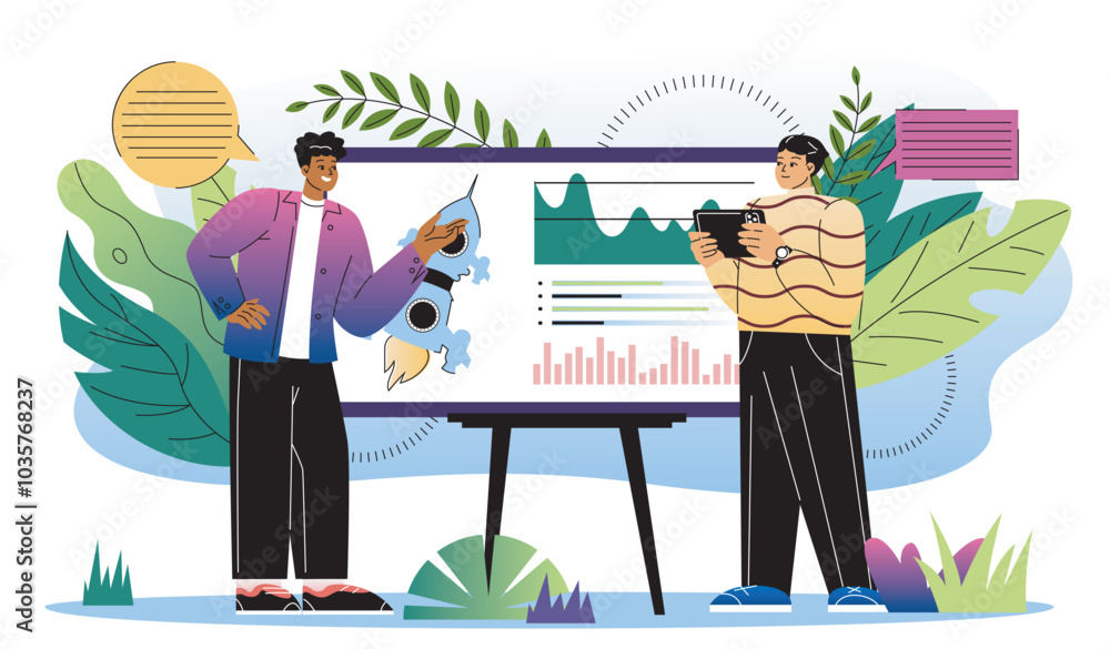 Poster team of marketers. men near presentation with rocket, graphs and diagrams. dashboard with statistics