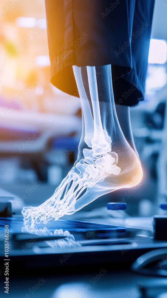 Poster detailed view of ankle x ray showcasing bones and structure of foot, highlighting potential injuries