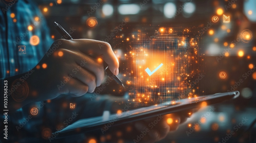 Poster digital transformation concept: hand using stylus on tablet with glowing checkmark, surrounded by te
