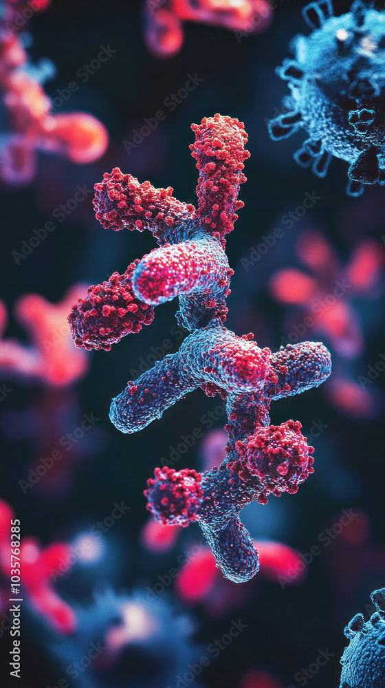 Poster close up view of vibrant antibodies interacting with pathogens, showcasing intricate details and col