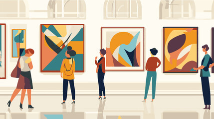 Flat illustration of people in an art gallery, interacting with various works of modern and traditional contemporary art Vector illustration.