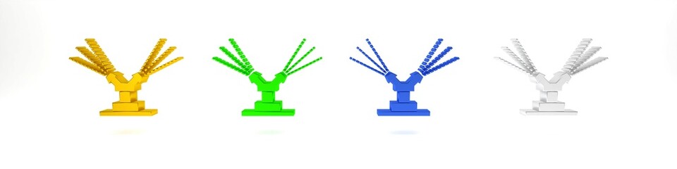 Colorful Automatic irrigation sprinklers icon isolated on white background. Watering equipment. Garden element. Spray gun icon. Minimalism concept. 3D render illustration