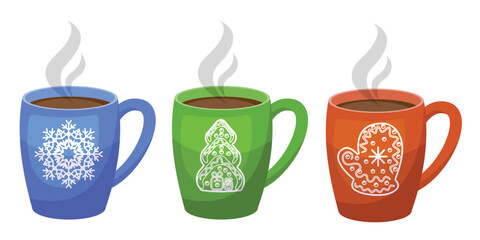 Set of Christmas coffee cups or tea mugs. Editable icons. Vector illustration.