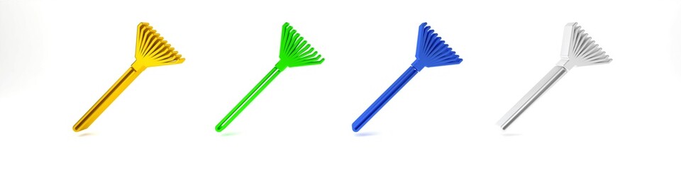 Colorful Garden rake for leaves icon isolated on white background. Tool for horticulture, agriculture, farming. Ground cultivator. Minimalism concept. 3D render illustration