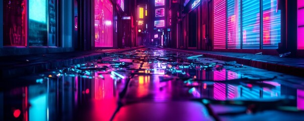 Fototapeta premium Deserted cyberpunk streets, neon lights reflecting in broken glass, dark alleys