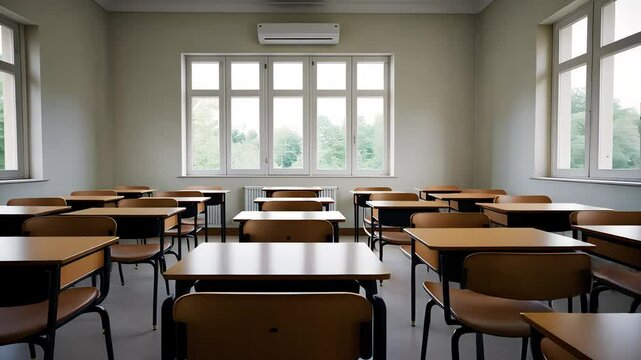 Empty Classroom with Wooden Desks and Large Windows

