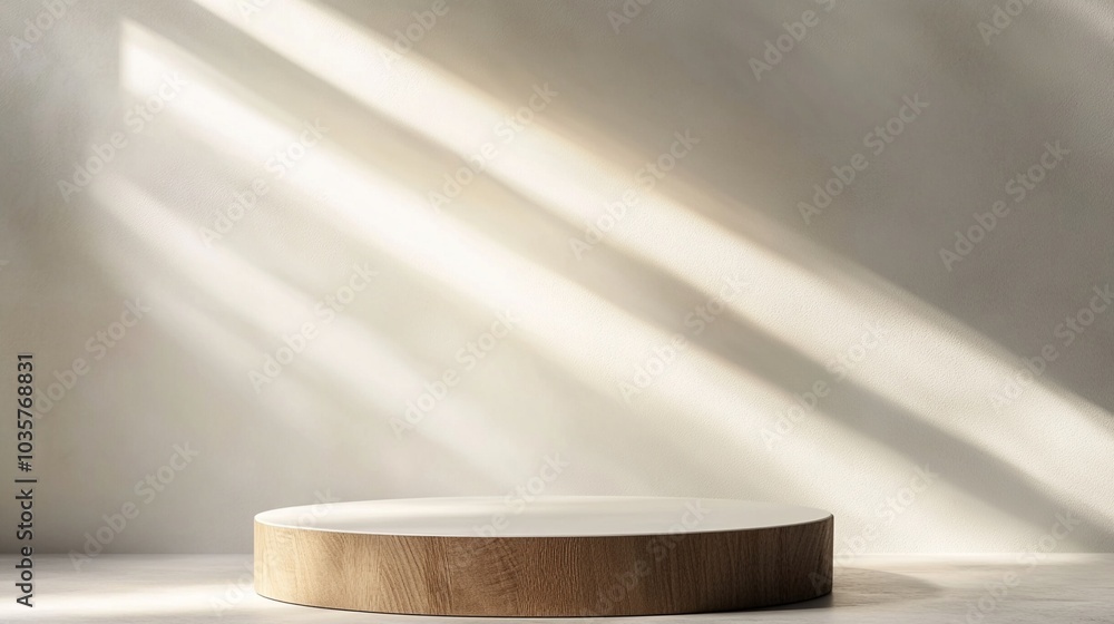 Poster minimalist wooden podium on white surface with soft sunlight casting diagonal shadows, creating a se